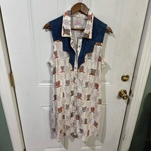 Blue and White Pearlsnao Sleeveless Dress with Cowboy Boot Print and Denim Trim